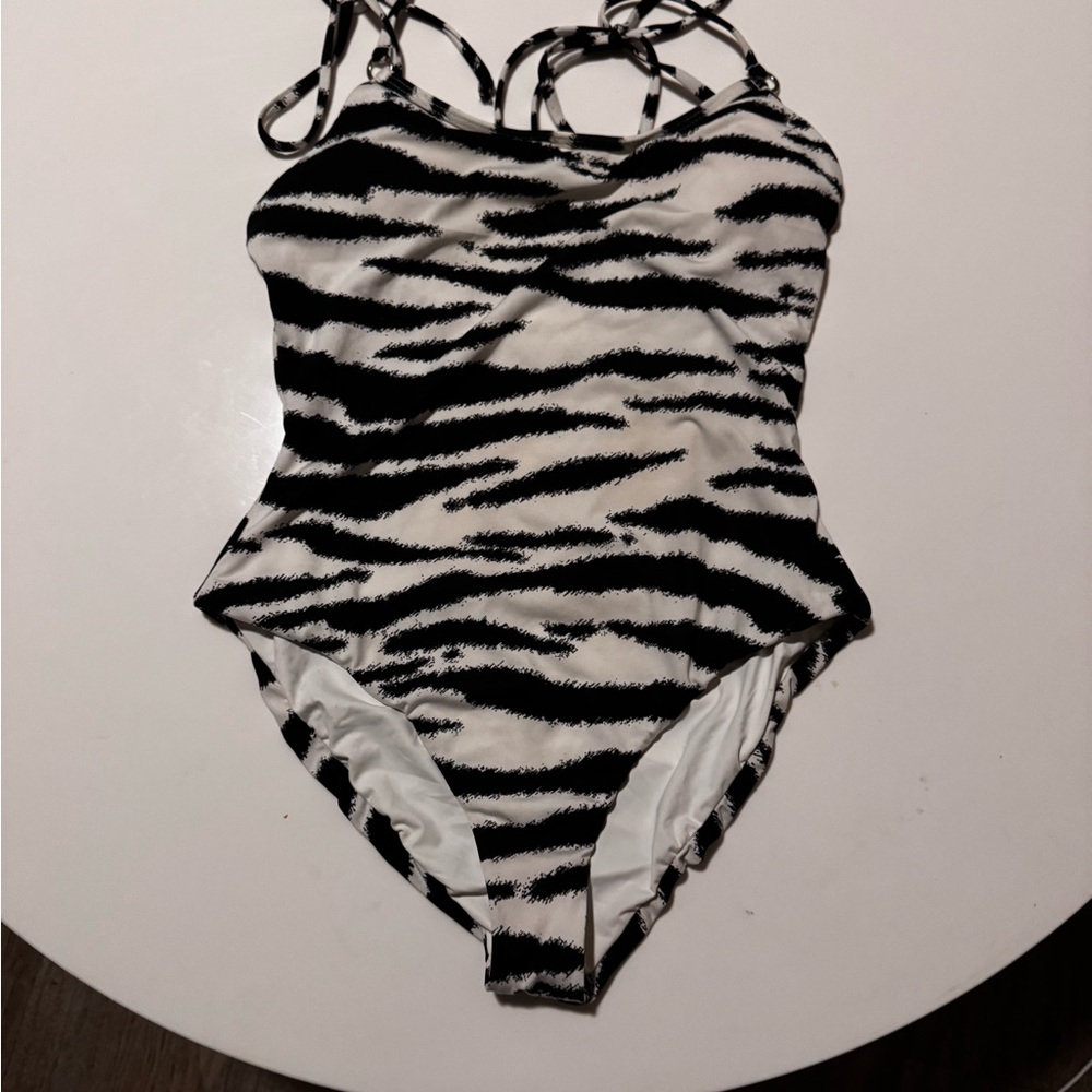 Black & White Zebra Print One-Piece Swimsuit - Strappy Back